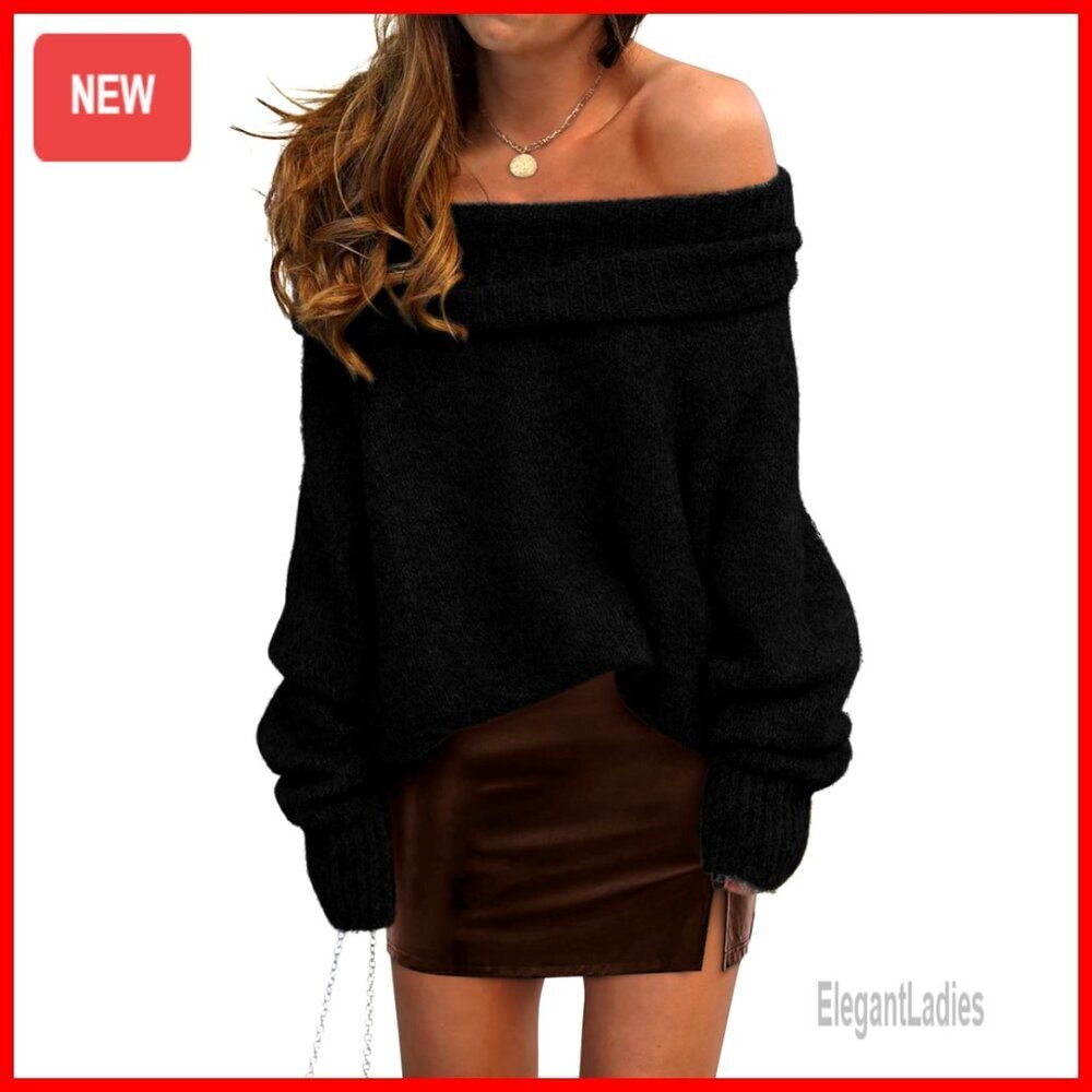 Off Shoulder Pullover Sweater Long Sleeve Loose Knit Winter Top